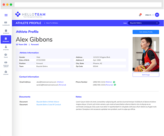 Athlete profile page of hello team web app